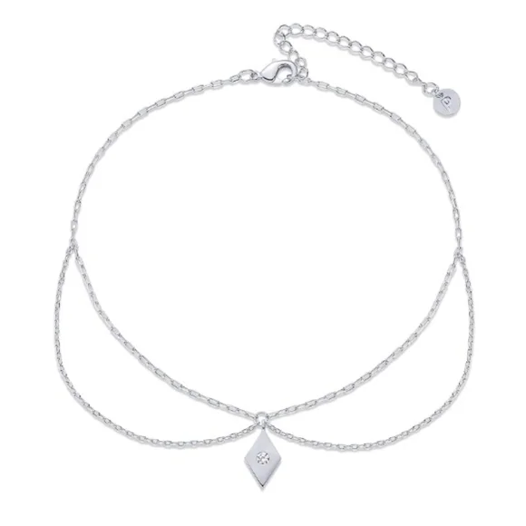 14K Gold Plated Charm Link Chain CZ Boho Adjustable Anklet In White Gold - Picture 4 of 4